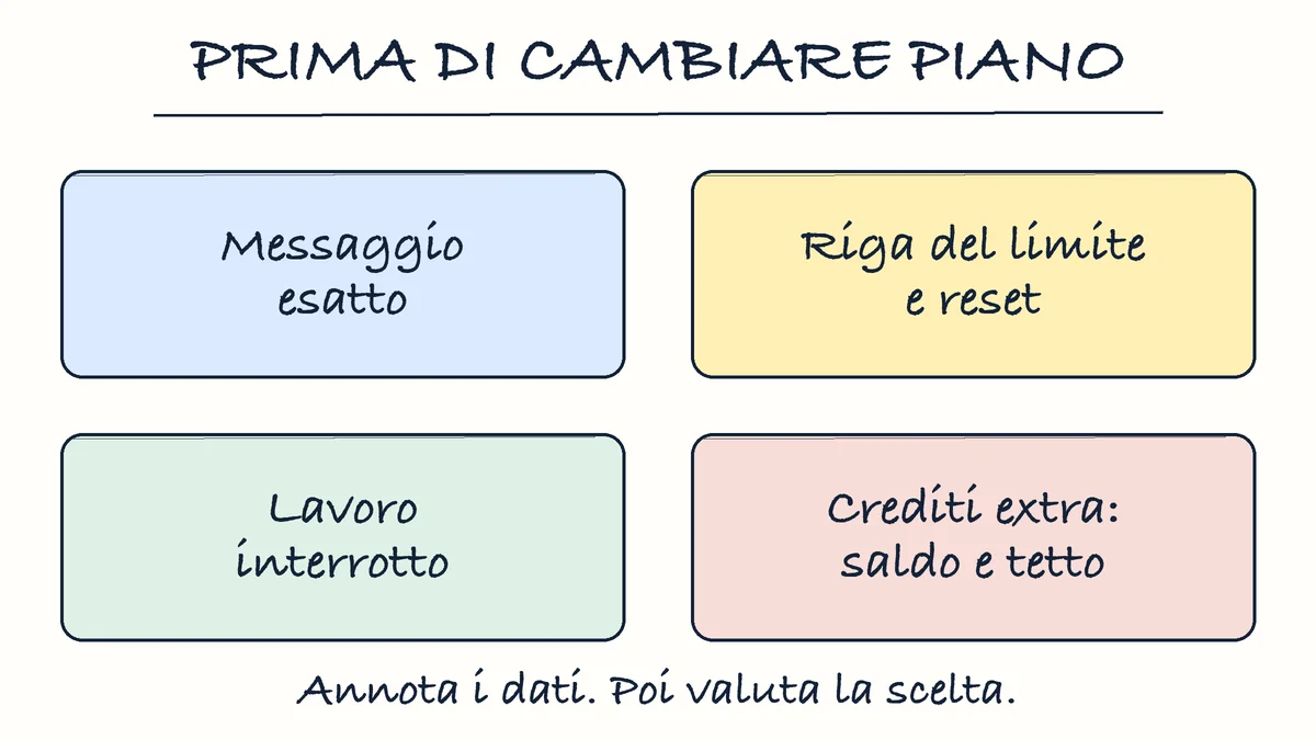 Dati da raccogliere: messaggio esatto, riga del limite e reset, lavoro interrotto, saldo e tetto degli eventuali crediti extra.